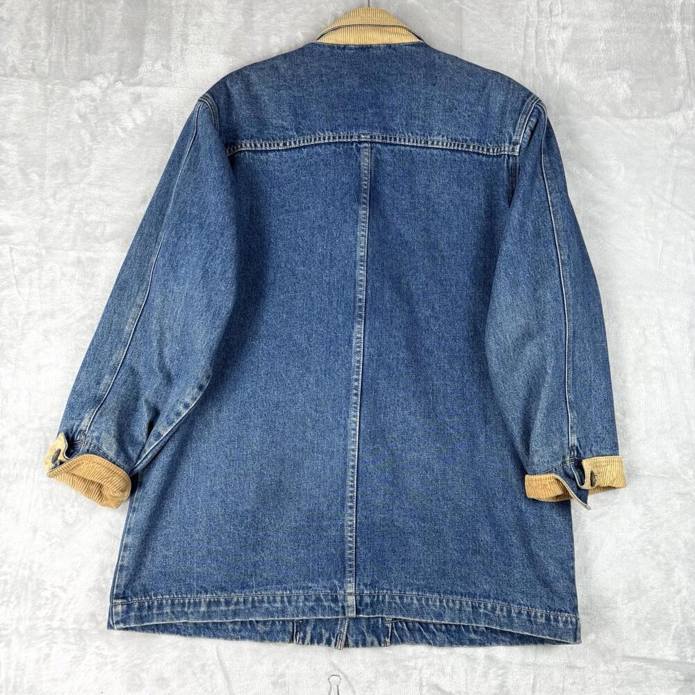 Vintage Eddie Bauer Women Denim Jean Chore Jacket Long Coat Dual Pocket Size L - Picture 2 of 9